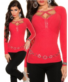 KouCla V-Pullover Strass Cut Out Pulli Strickpullover Jumper Sweater coral