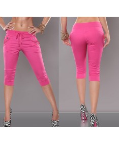Damen Caprihose Gürtel Zipper-Taschen Skinny Hose Röhre Bermuda Jeans Baggy Pink