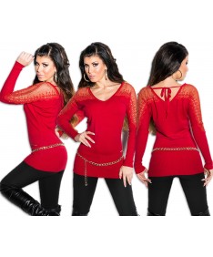 Koucla Pullover Longpullover Strickkleid mit Strass Spitze Schnürung Sweater rot