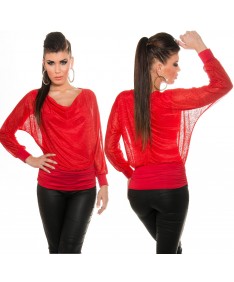 KouCla Chiffon Bluse Tunika Wasserfallausschnitt Fledermaus Top Shirt 2in1 Rot